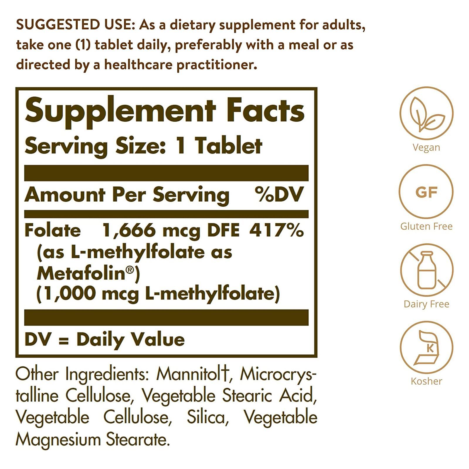 SOLGAR Folate 1000 mcg Metafolin 1000 mcg 120 Tablets