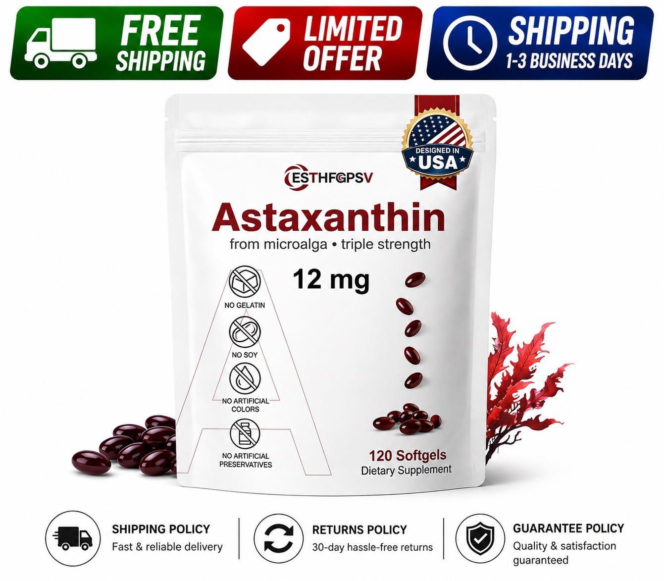 Astaxanthin 12mg 120 Softgels, 4 Month Supply,Triple Strength,Non-GMO,Eye Health