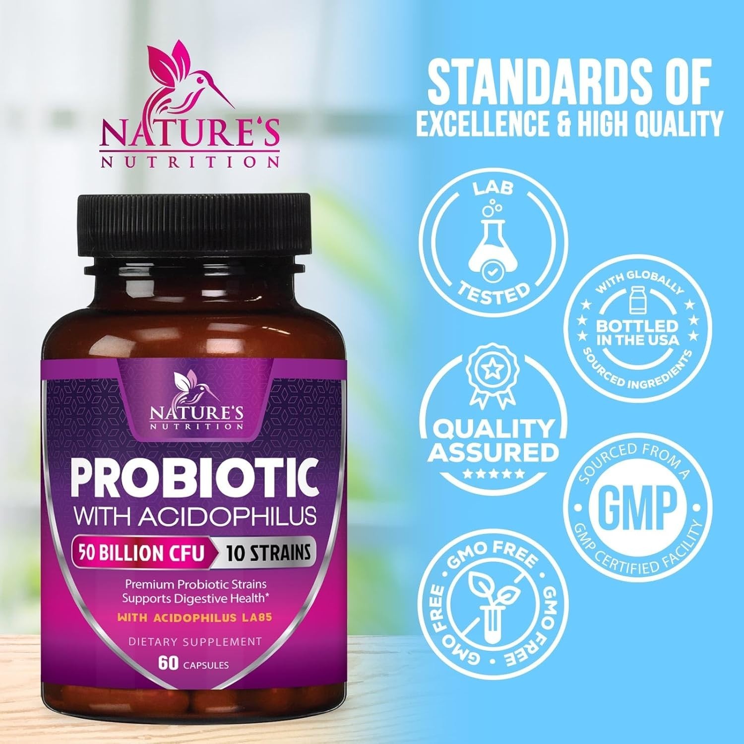 Probiotics 60 Billion CFU per Serving, 10 Strains + Prebiotics, Digestive Health
