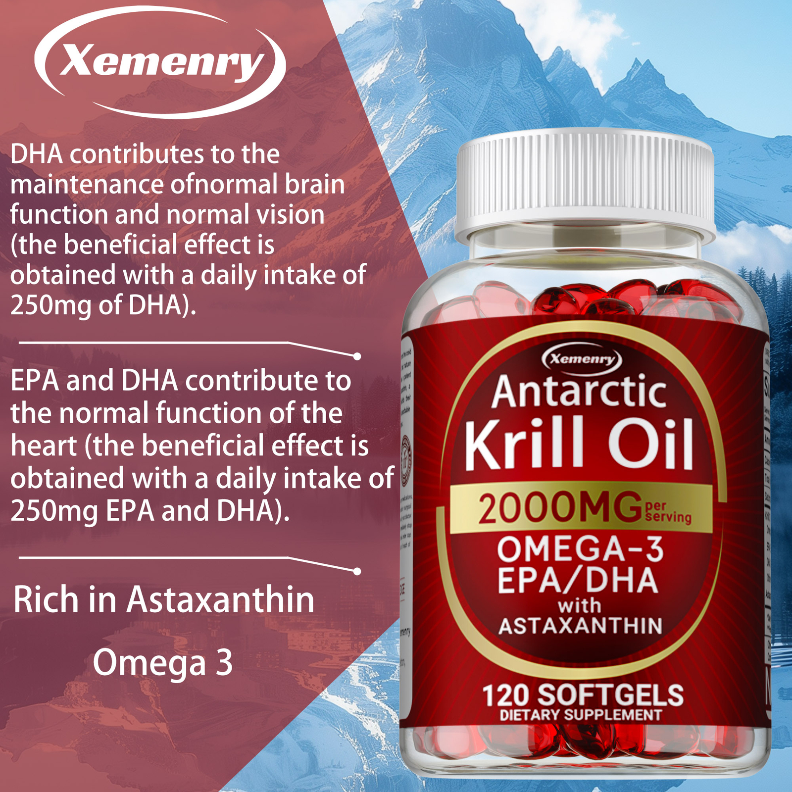 Antarctic Krill Oil 2000mg – Omega-3,EPA, DHA, Astaxanthin,Heart and Skin Health