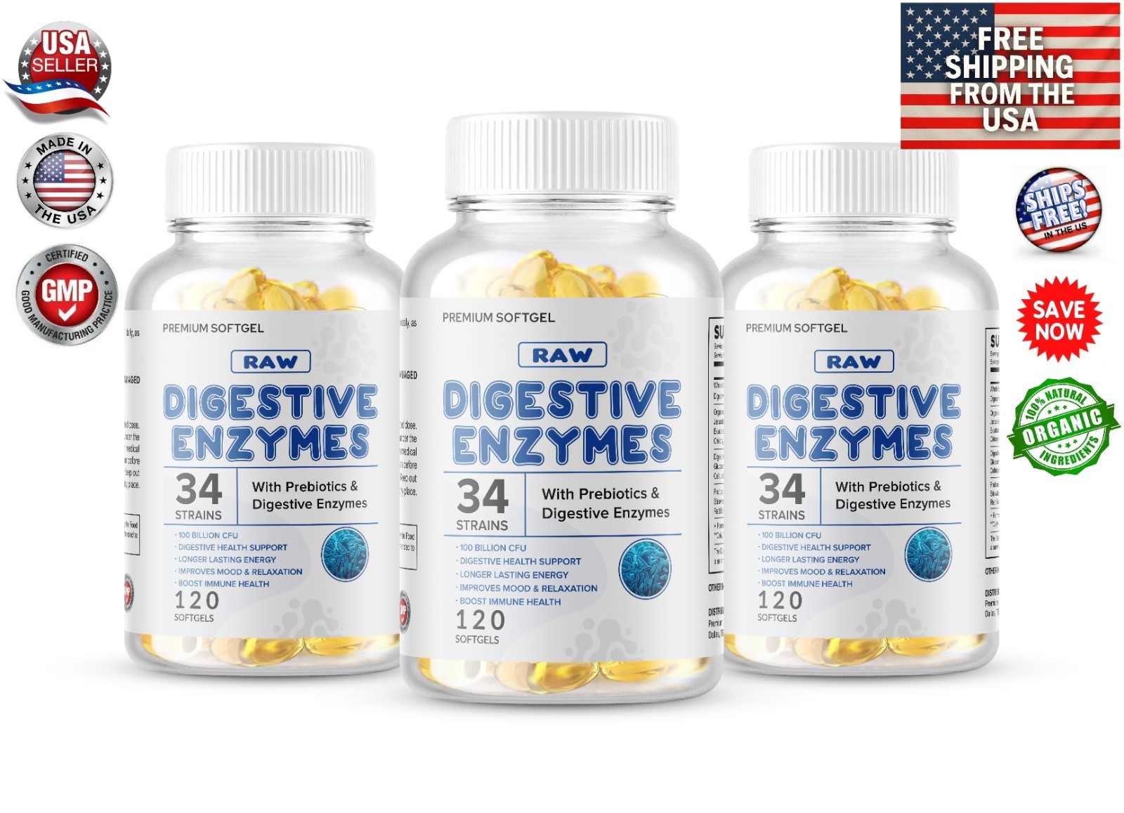 360 3 Digestive Enzymes Prebiotic & Probiotics Gas, Constipation Bloating Relief