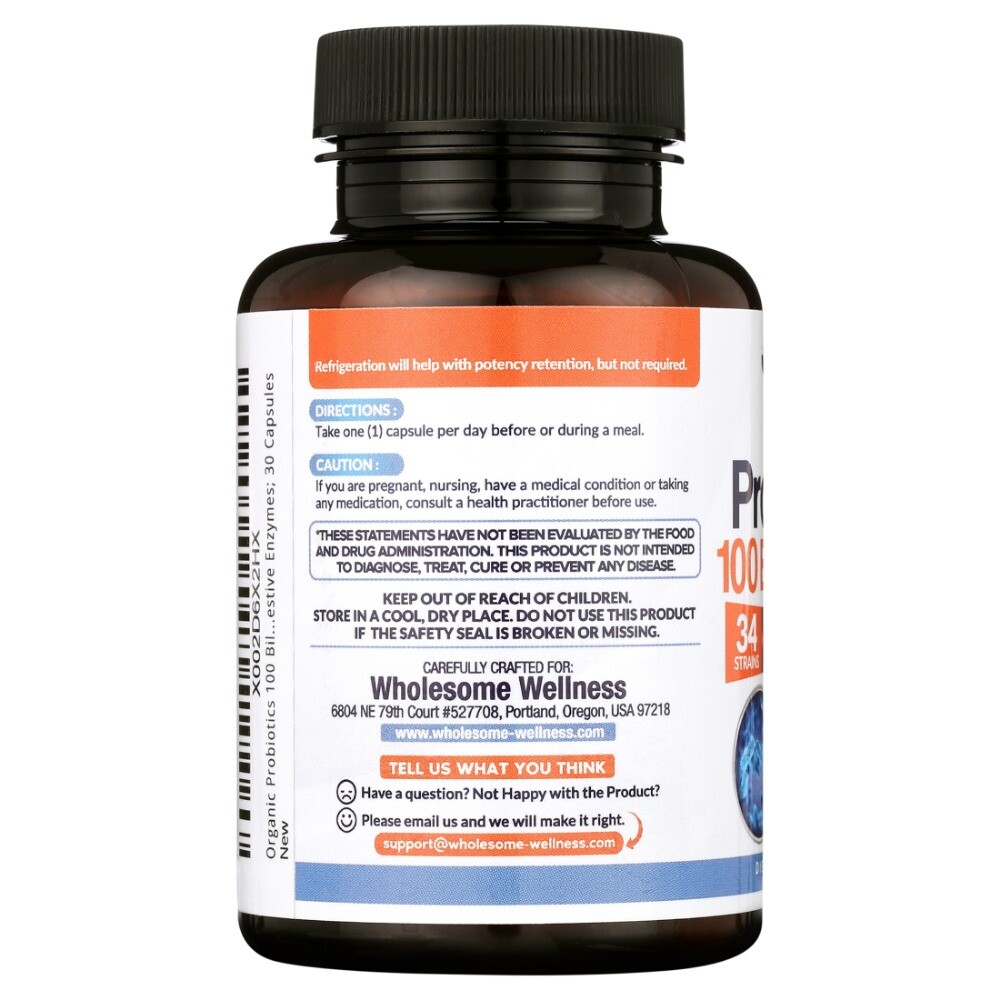 Wholesome Wellness Raw Probiotic Digestive Enzymes 100 Billion Cfu 30 Pills