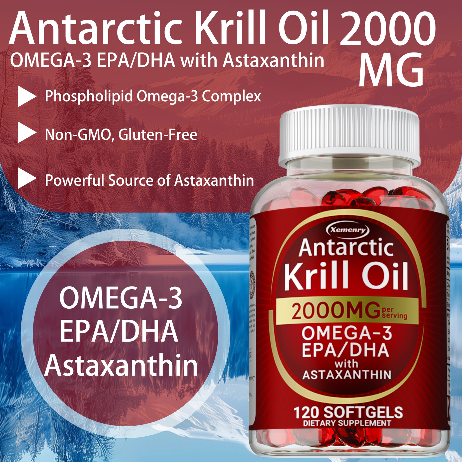 Antarctic Krill Oil 2000mg – Omega-3,EPA, DHA, Astaxanthin,Heart and Skin Health