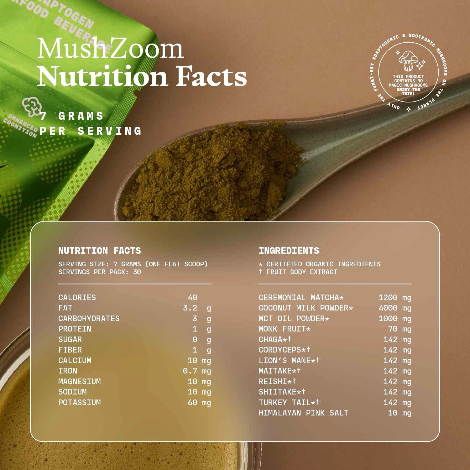 Mush Zoom Energizing Coconut Matcha Focus & Vitality Blend -30 Servings, Organic
