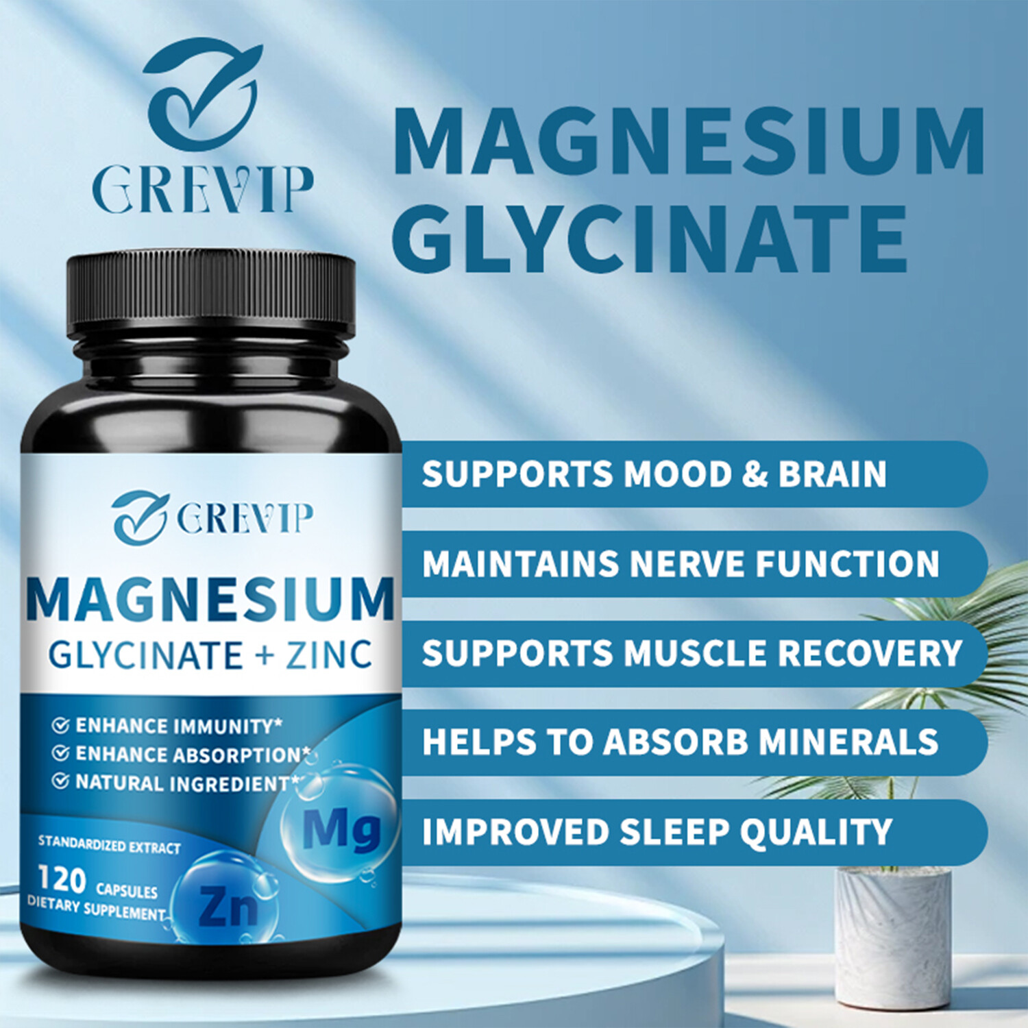 120pcs Magnesium Glycinate + Zinc – Brain & Heart Health,Stress & Anxiety Relief