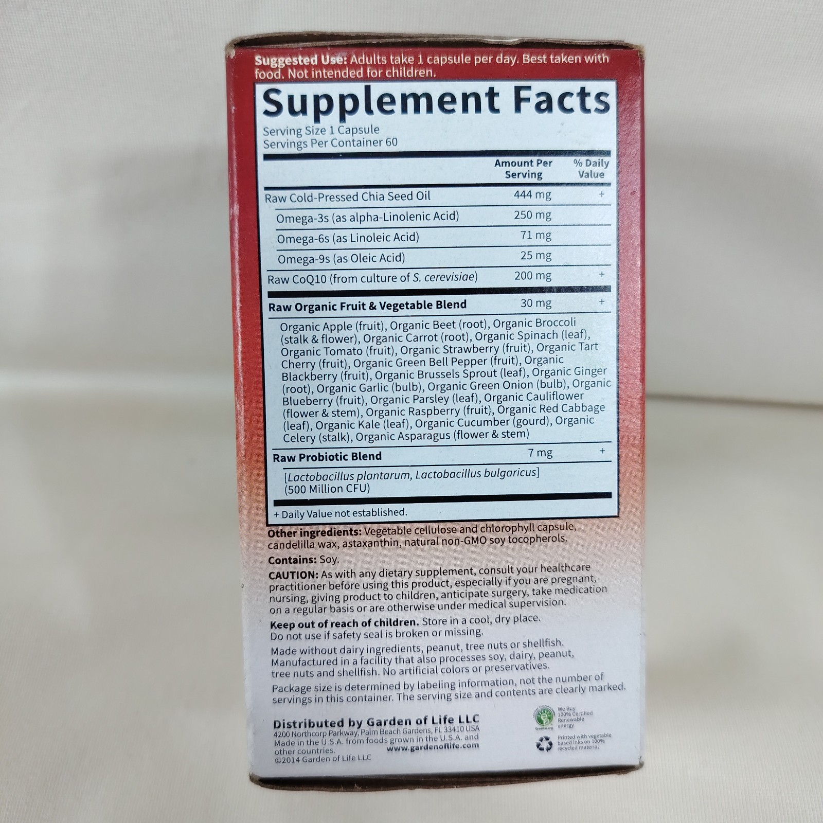 Garden of Life Raw CoQ10 200 mg 60 Vegan Capsules EXP:02/2027