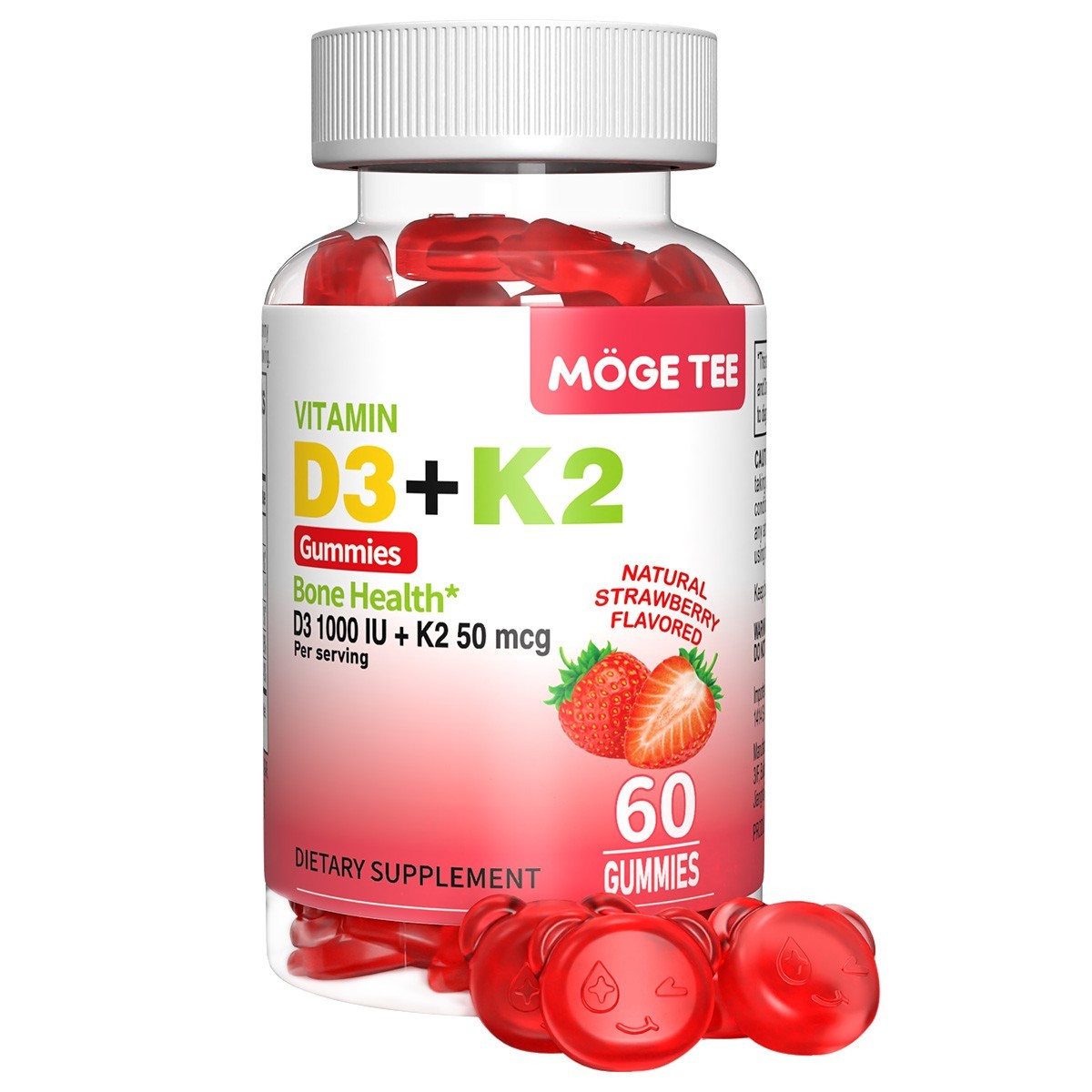 Vitamin K2 D3 Gummies Bone Immune Support Non-GMO 60-240 Count Strawberry Flavor