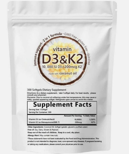 Vitamin D3 10000 iu Plus K2 (MK-7) 200 mcg, 300 Virgin Coconut Oil Softgels