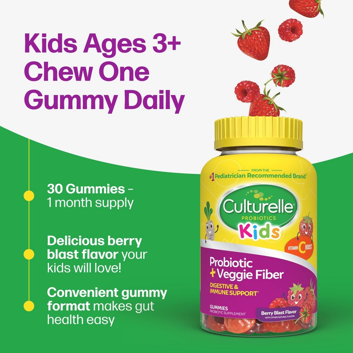 Culturelle Kids Probiotic + Gluten Free Veggie Fiber Gummies – Berry – 30ct