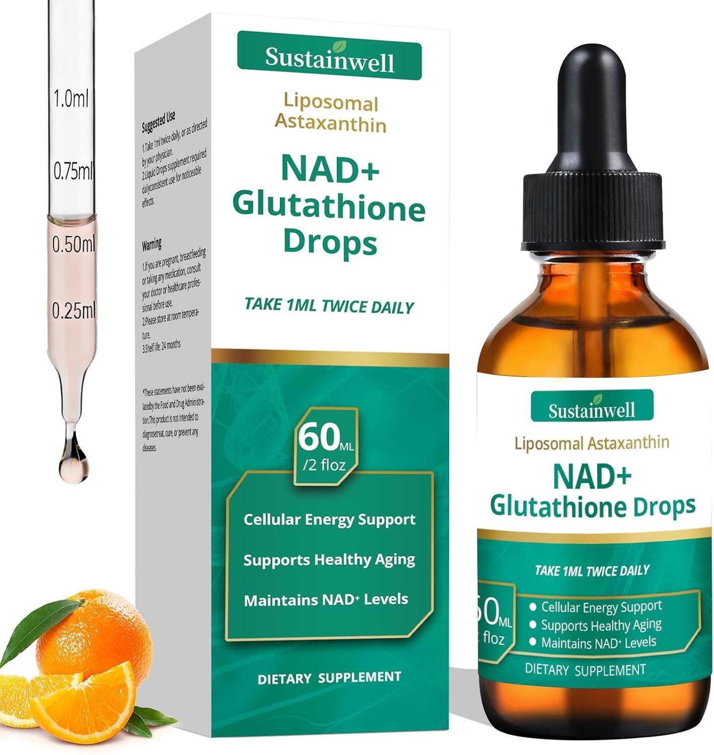 NAD+ Glutathione Liquid Drops with Astaxanthin – Citrus Flavor, 2.04 Fl Oz