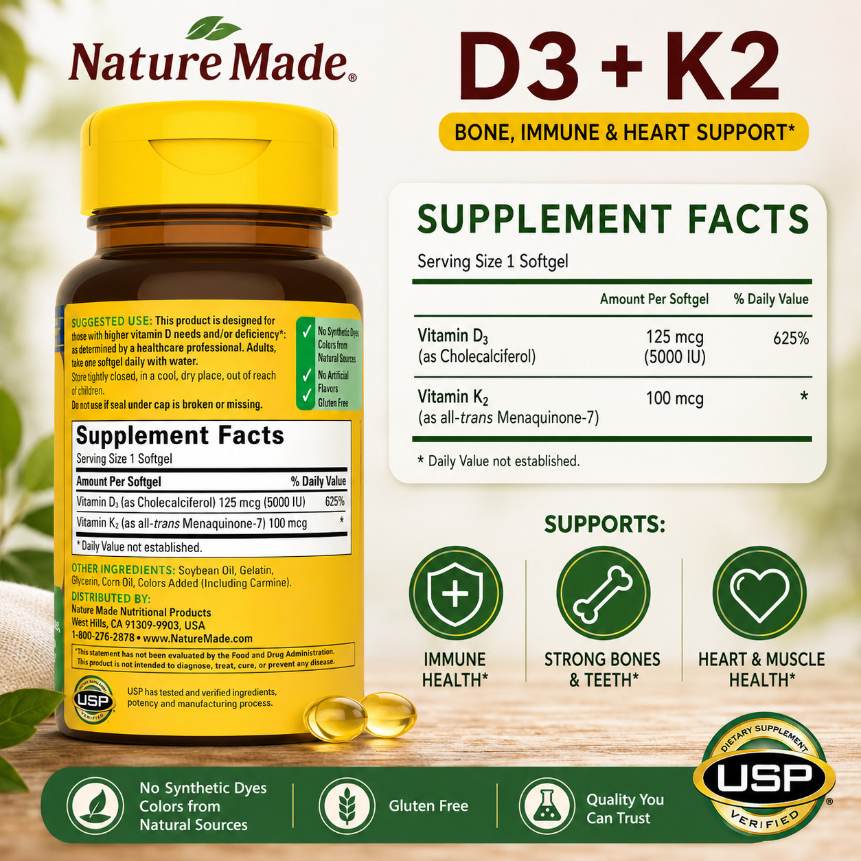 Nature Made Vitamin D3 + K2 5000 IU 30 Softgels Bone Immune Support