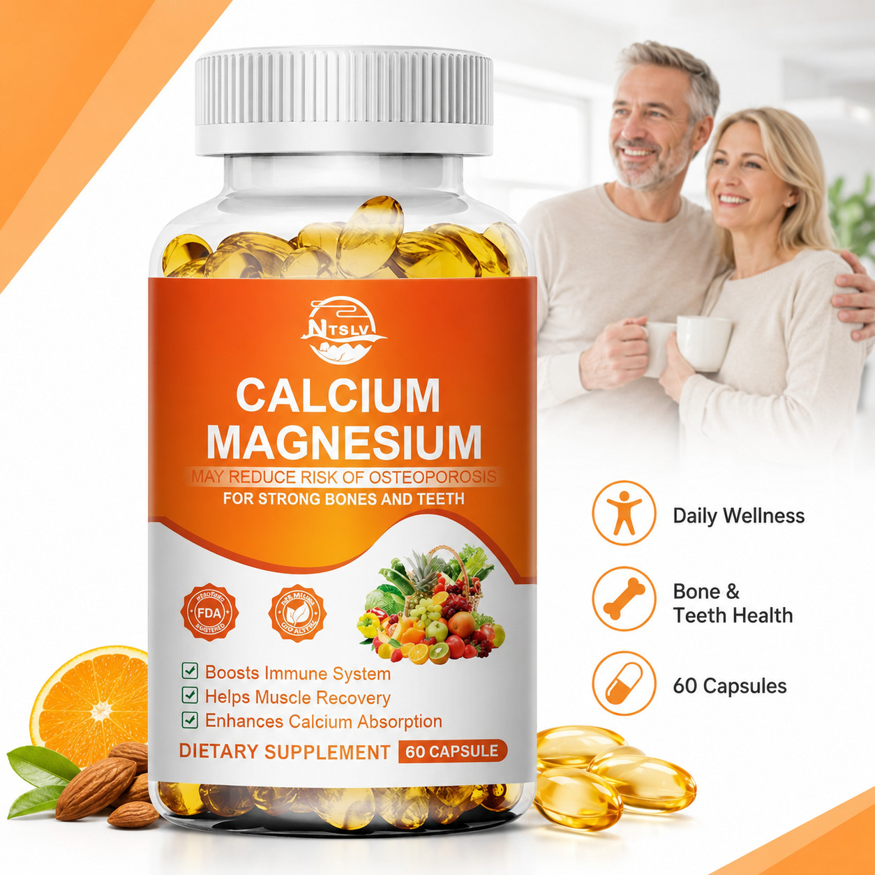 Calcium Magnesium 60 Capsules Bone Teeth Immune Support Supplement