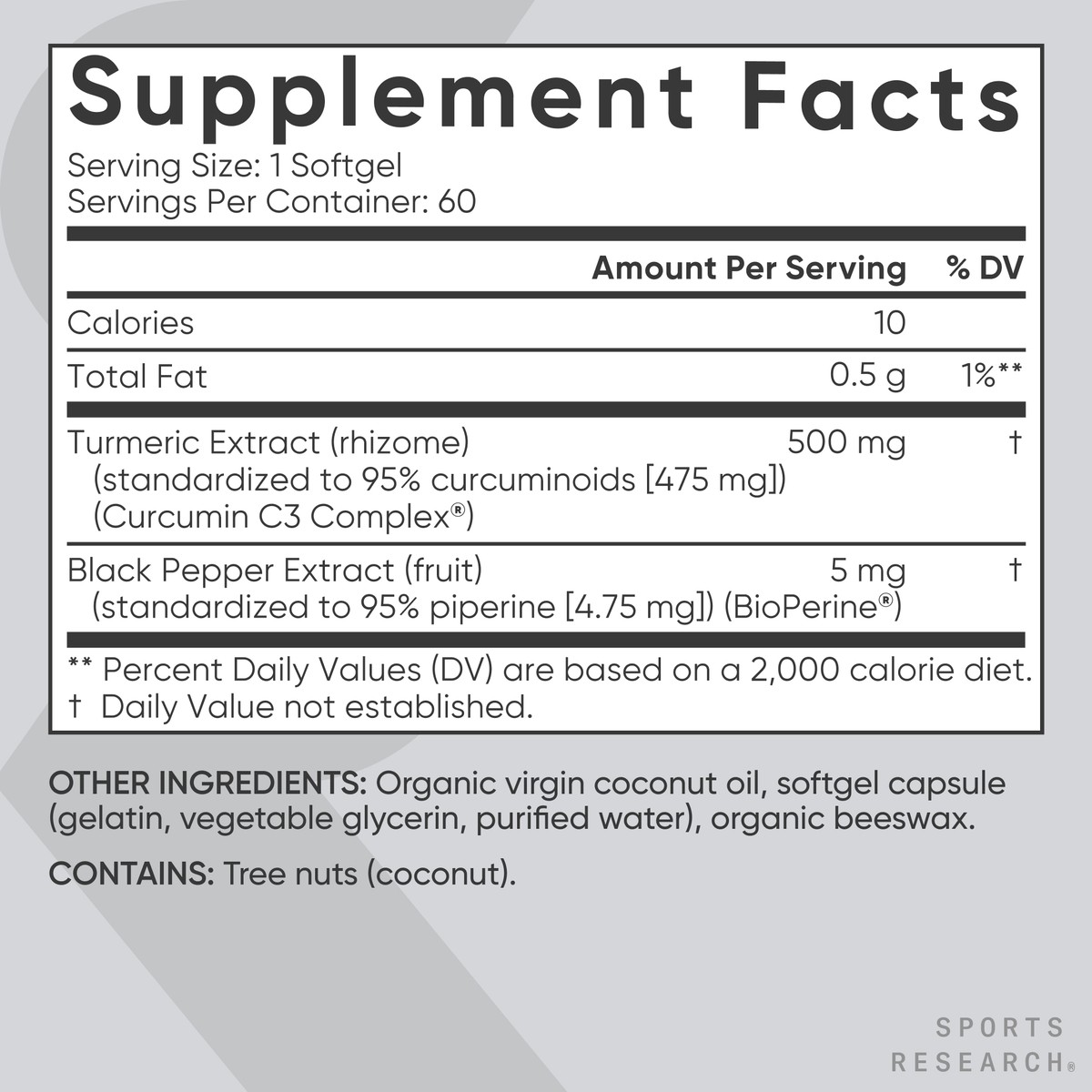 Turmeric Curcumin C3 500mg + Black Pepper Extract & Coconut Oil (60 Softgels)