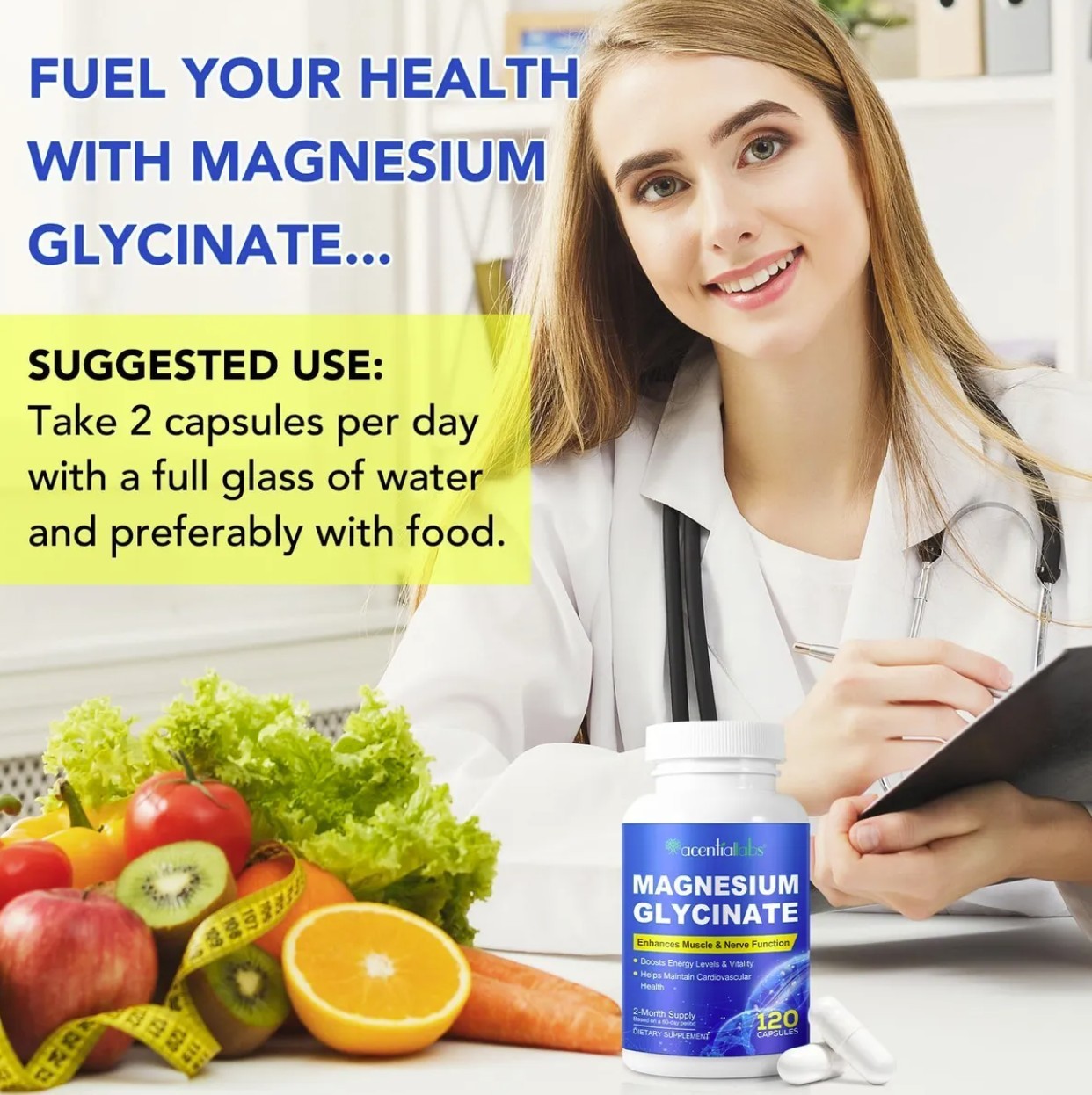 Magnesium Glycinate 1040mg 120 Capsules for Calm Stress, Sleep, Leg Cramp, Heart