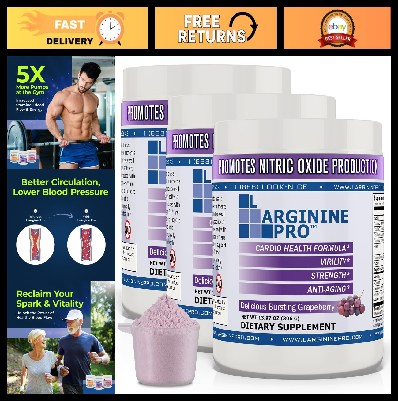 L-Arginine & L-Citrulline Powder Drink Mix | 5,500mg Nitric Oxide Booster | Pre