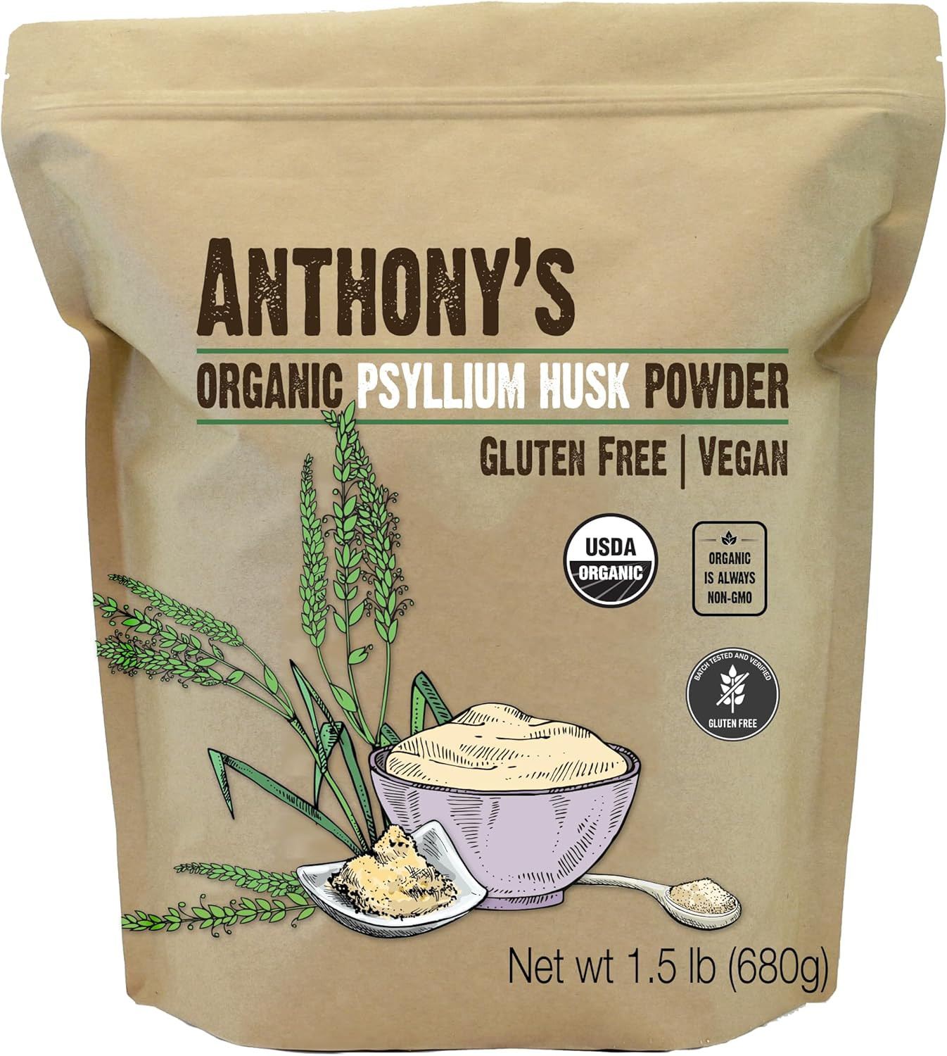 Organic Psyllium Husk Powder, 1.5 Lb, Gluten Free, Non GMO, Finely Ground