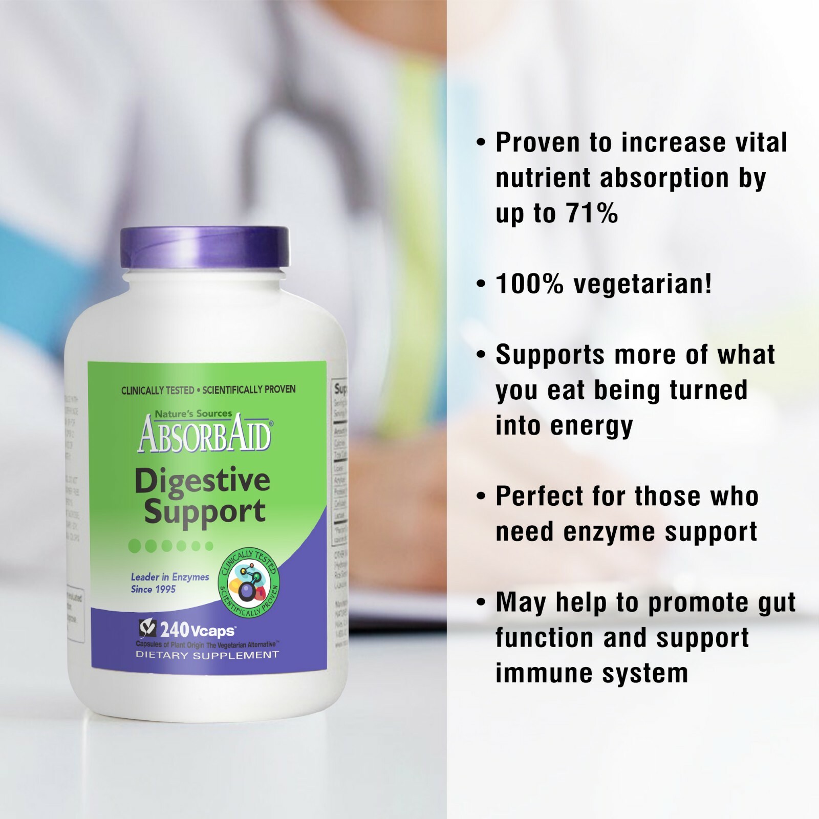 AbsorbAid Natural Digestive Enzyme relief for gas, bloating, acid reflux-240 cap