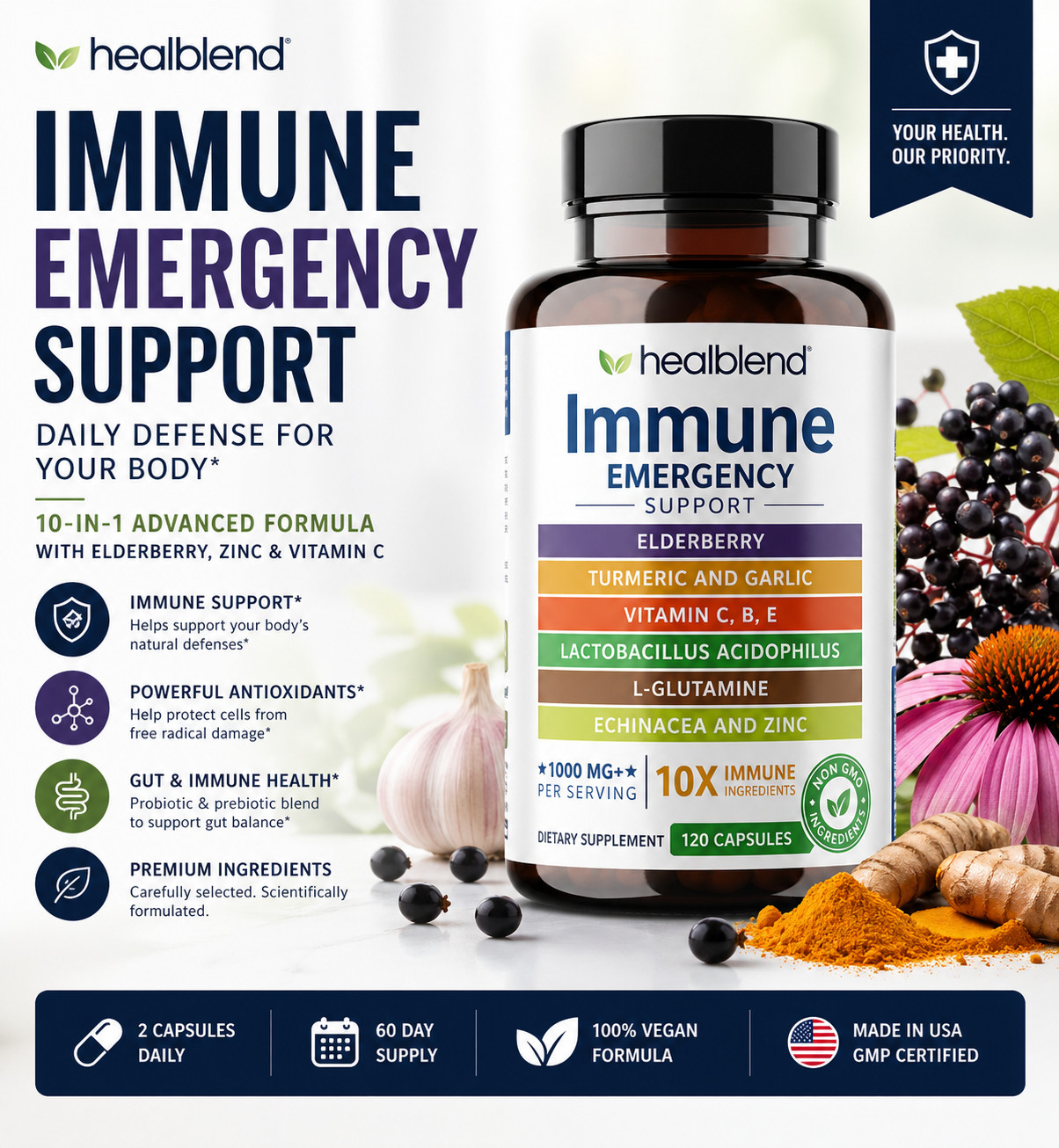 10 in 1 Immune Support Formula Elderberry Vitamin C Zinc Echinacea Ginger 120pc