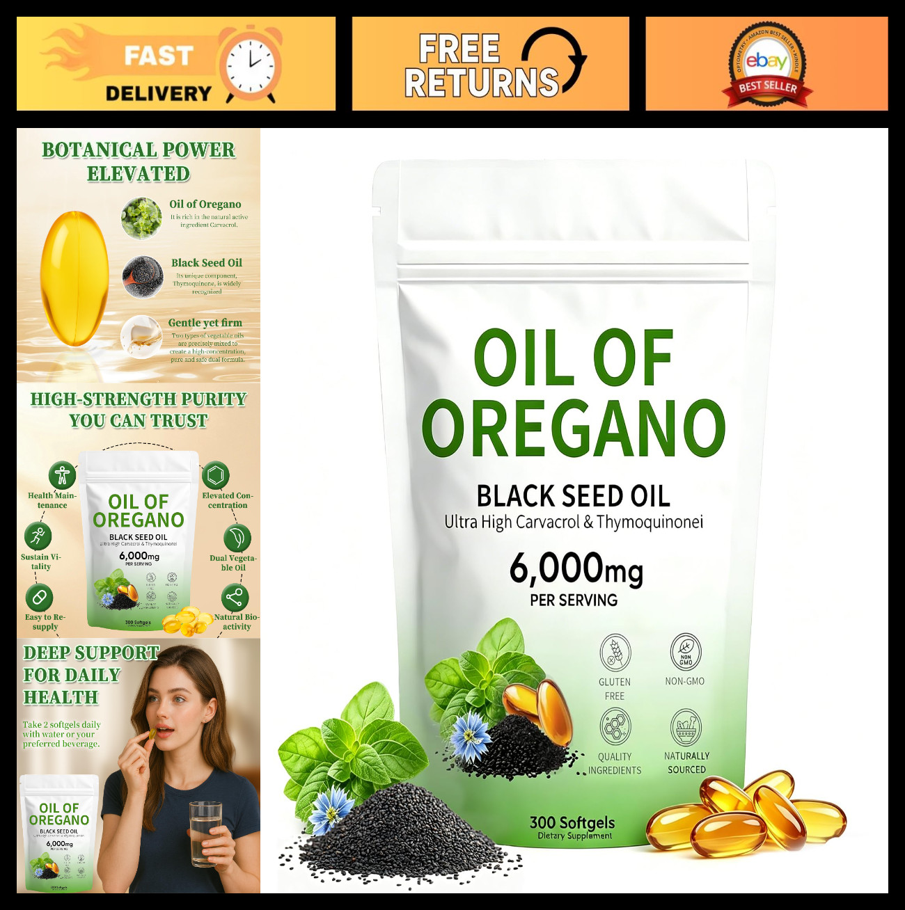 Oil of Oregano Softgels with Black Seed Oil & Thymoquinone, 300 Count, 6000mg, N