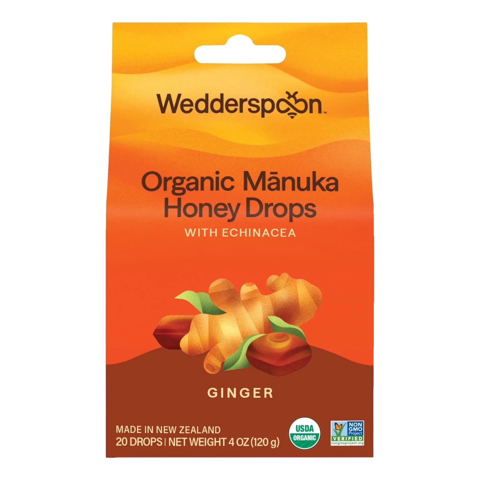 Wedderspoon Organic Manuka Honey Drops Ginger with Echinacea 4 oz