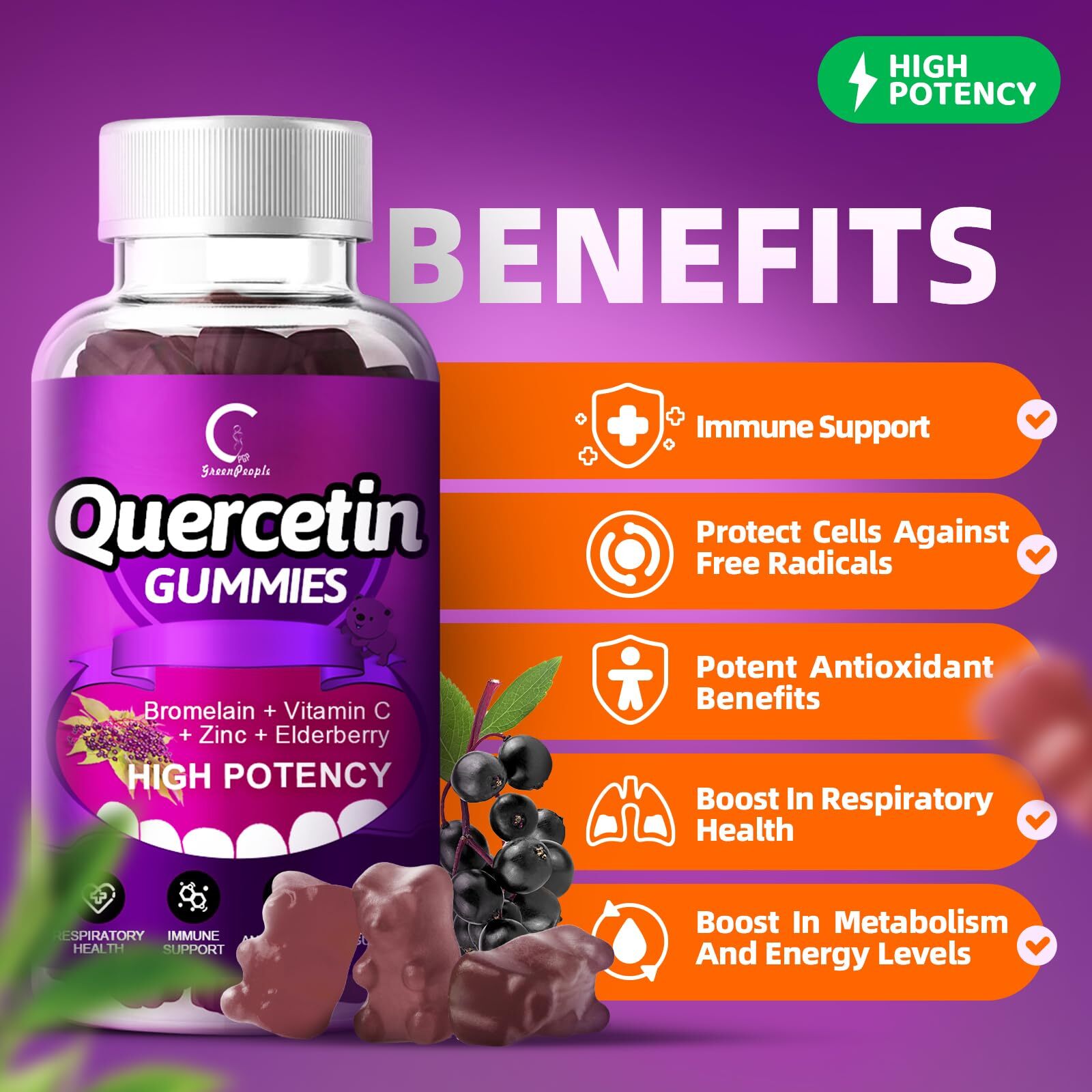 QUERCETIN GUMMIES Adults Kids with Vitamin C Zinc 60ct 2 Pack GPGP GREENPEOPLE