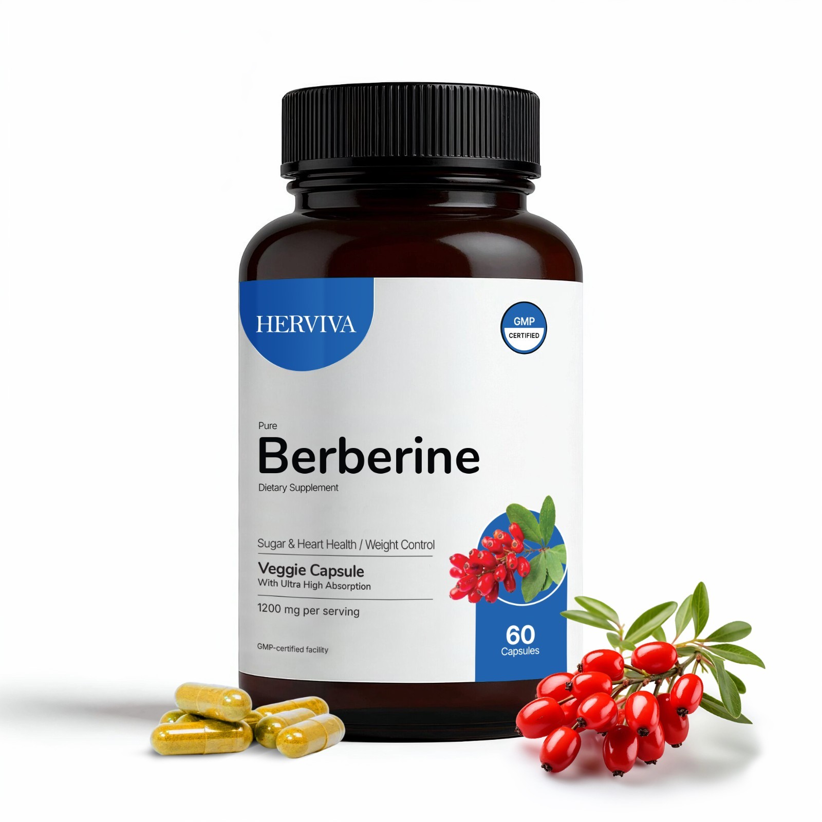 Pure Berberine 1200mg Supplement – 60 Vegan Capsules | High Absorption Formula