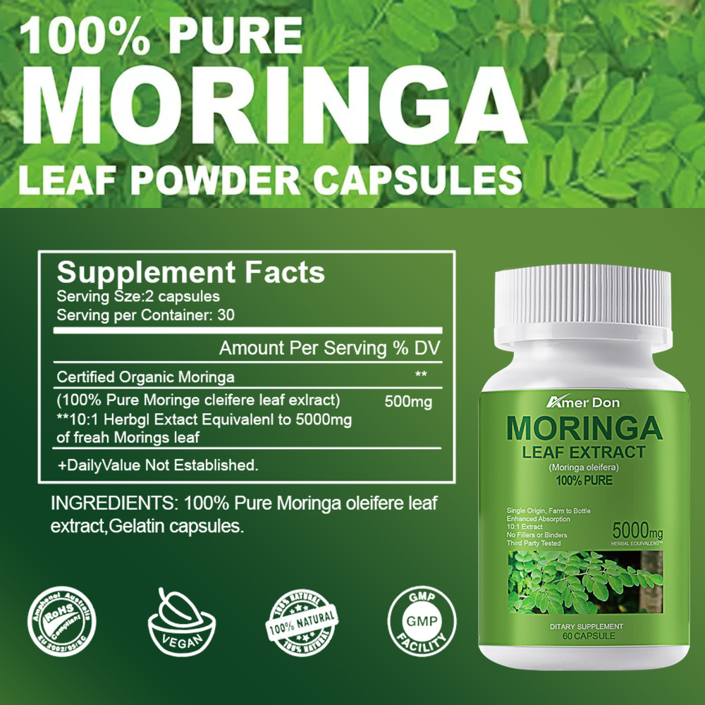 Moringa Capsules 5000mg – Pure Moringa Powder for Immune Gut health 60 Capsules