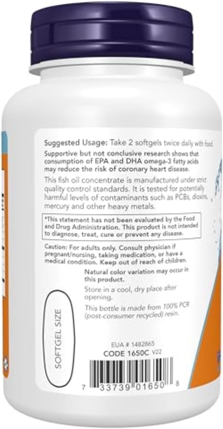 NOW Omega 3 Fish Oil 100 Softgels 180 EPA 120 DHA Cardiovascular Support