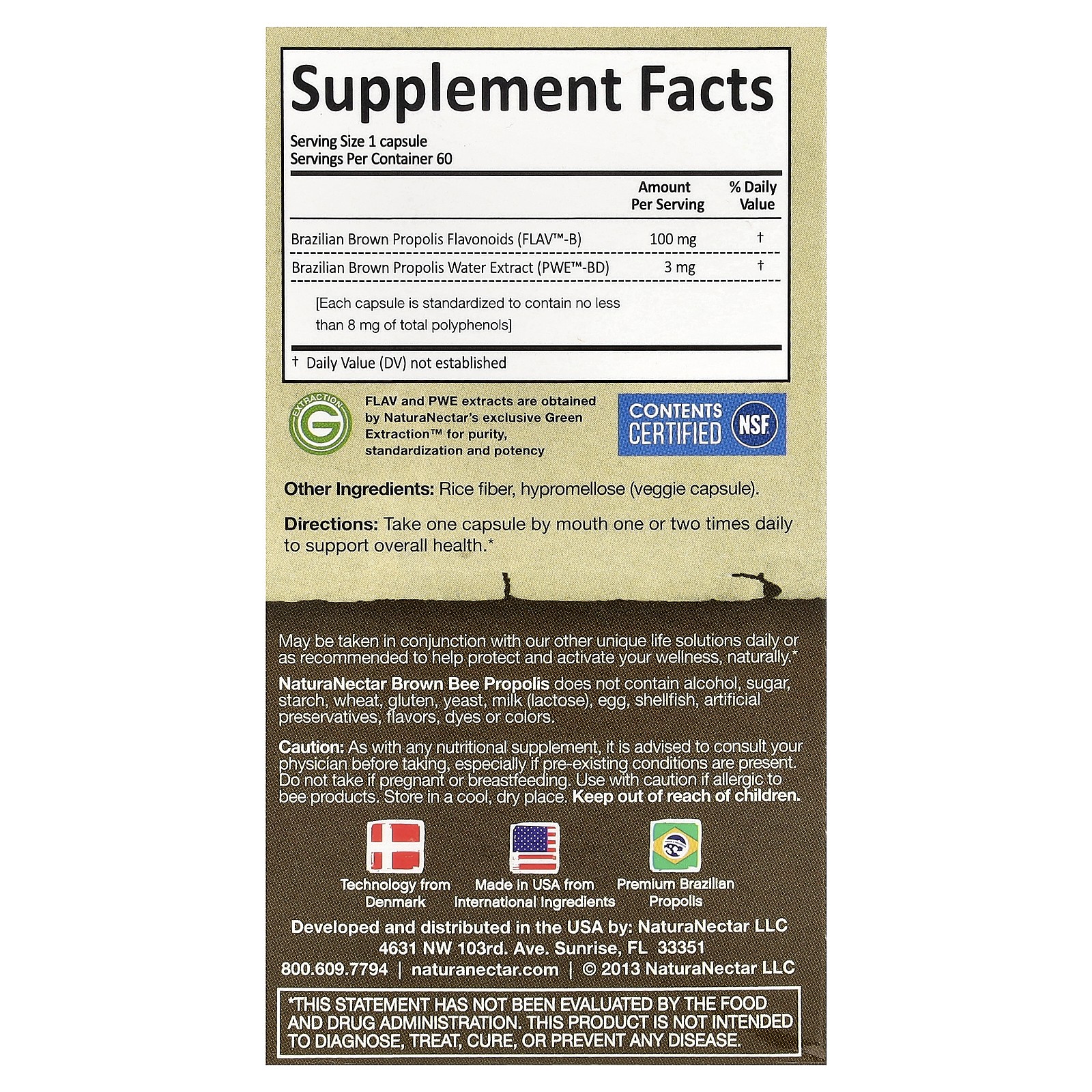 NaturaNectar Brown Bee Propolis 60 Veggie Caps Alcohol-Free, All-Natural,