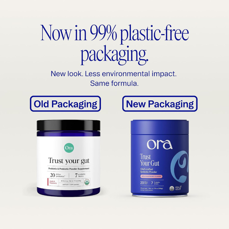 Ora Organic Probiotic & Prebiotic Powder Supplement, Apple Raspberry 30 Srv