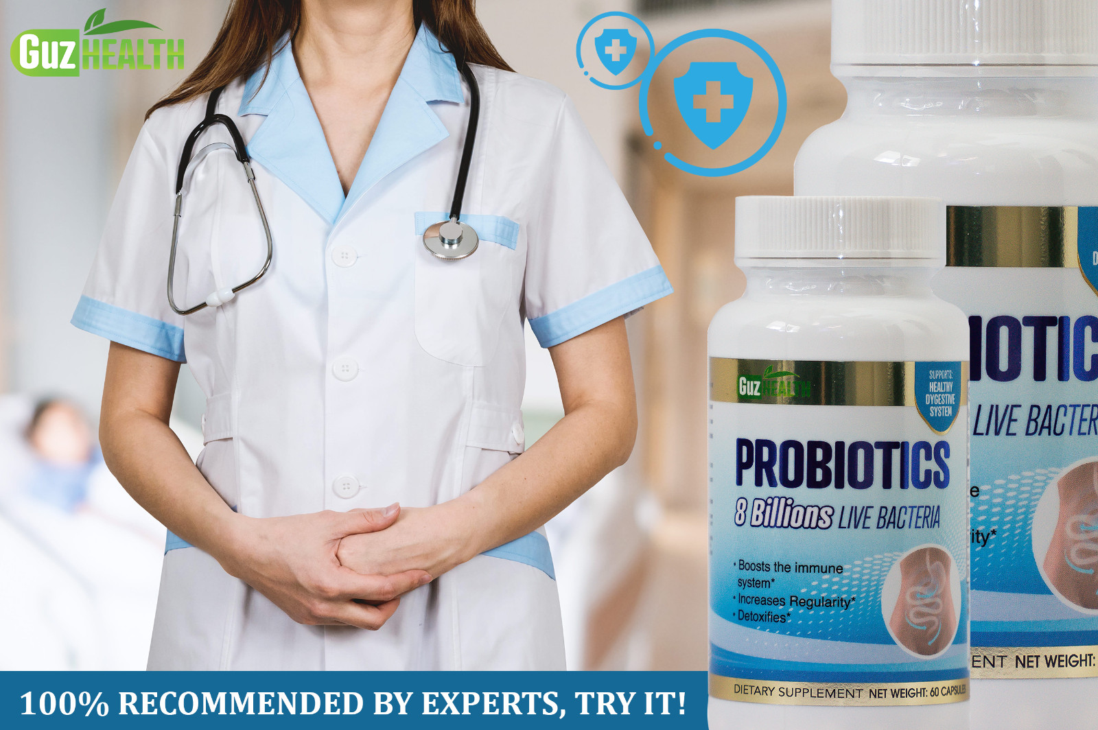 PROBIOTICS – 2x 8 Billion LIVE Bacteria 60 Capsules & FREE VITAMIN C 120CAPSULES