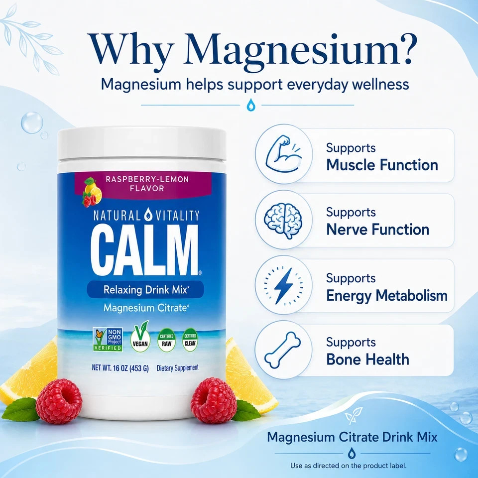 Natural Vitality CALM Magnesium Citrate Powder Drink Mix Raspberry Lemon 16oz