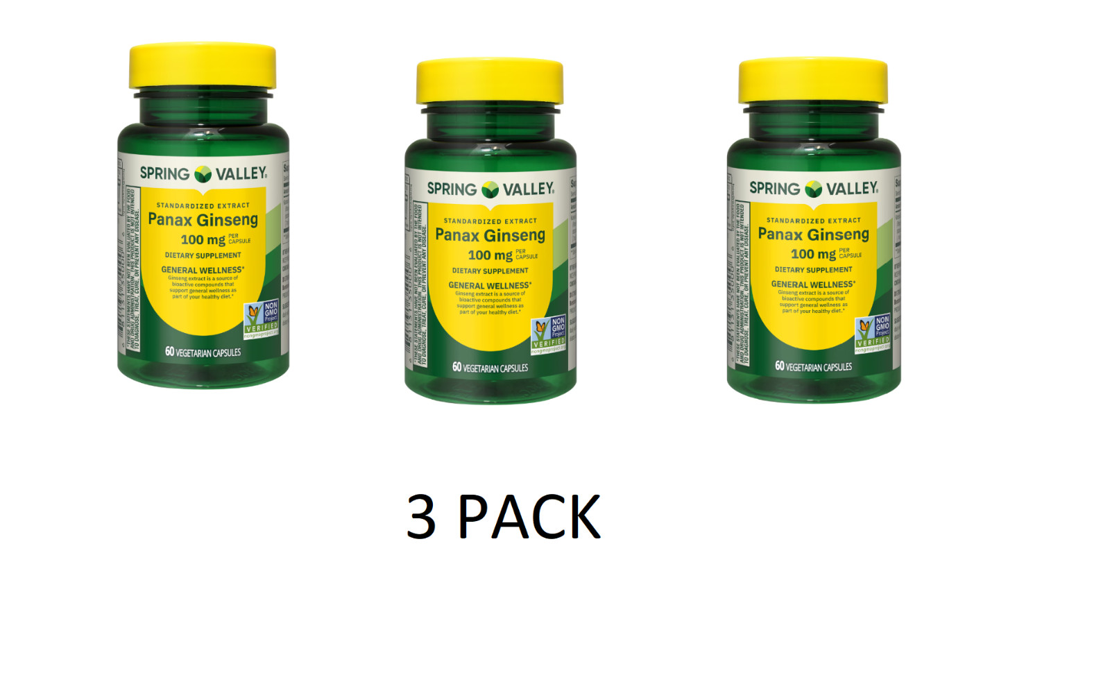 3 PACK Spring Valley Korean Panax Ginseng Capsules, 100 mg, 60 Count Vegetarian