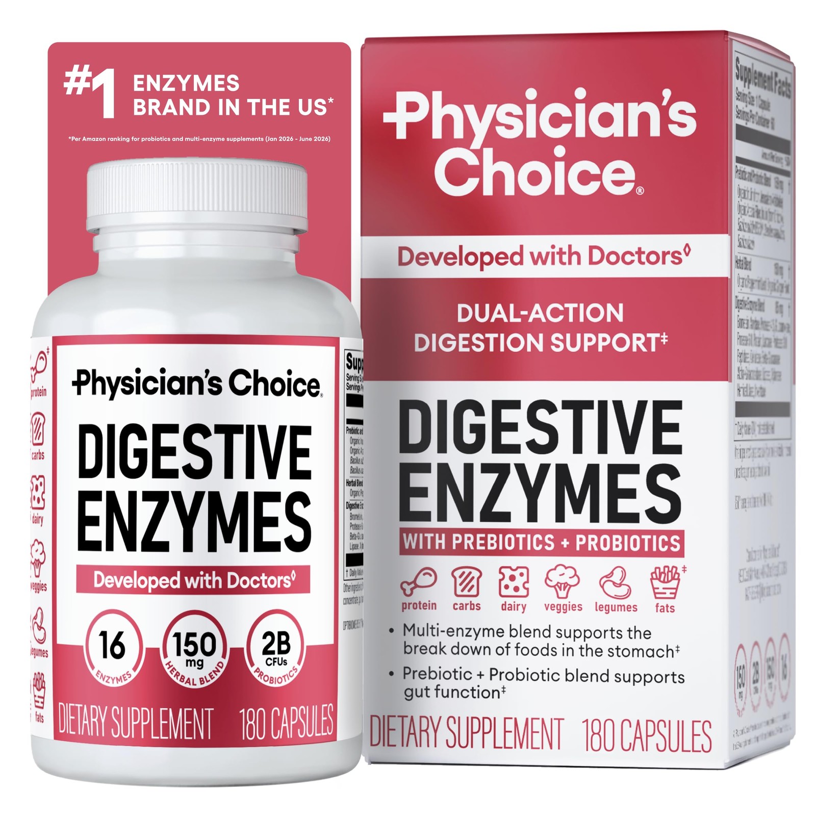 Physician’s CHOICE Digestive Enzymes for Bloating & 180 Count (Pack of 1)