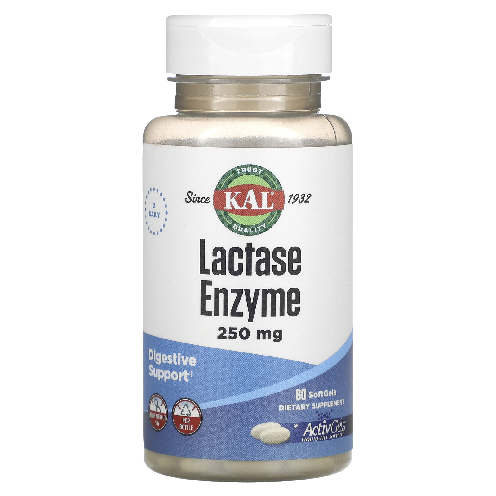 KAL Lactase Enzyme 250 mg 60 Softgels Soy-Free