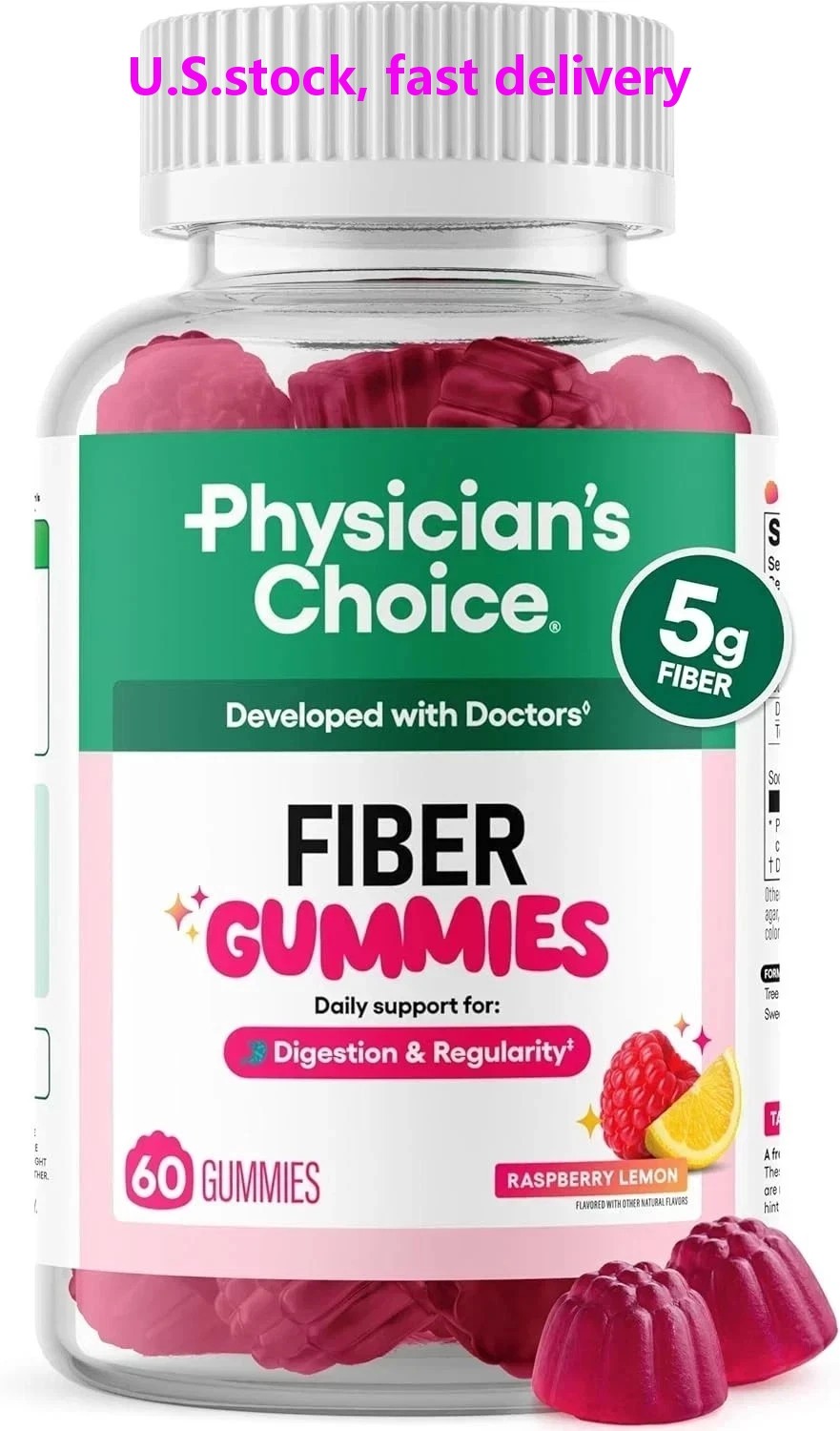 Physician’s Choice Fiber Gummies for Digestive Health & Regularity – Raspberry –