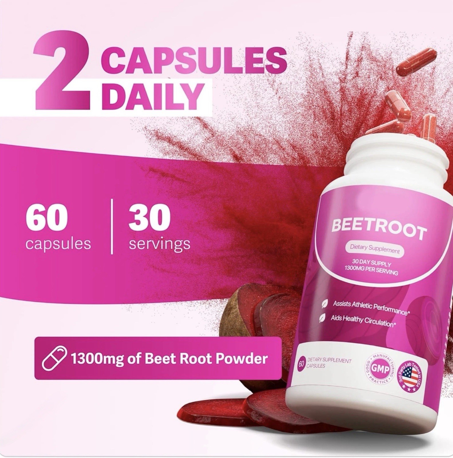 Rosabella Organic Beetroot Powder Capsules 1300mg Circulation Energy 60 Ct