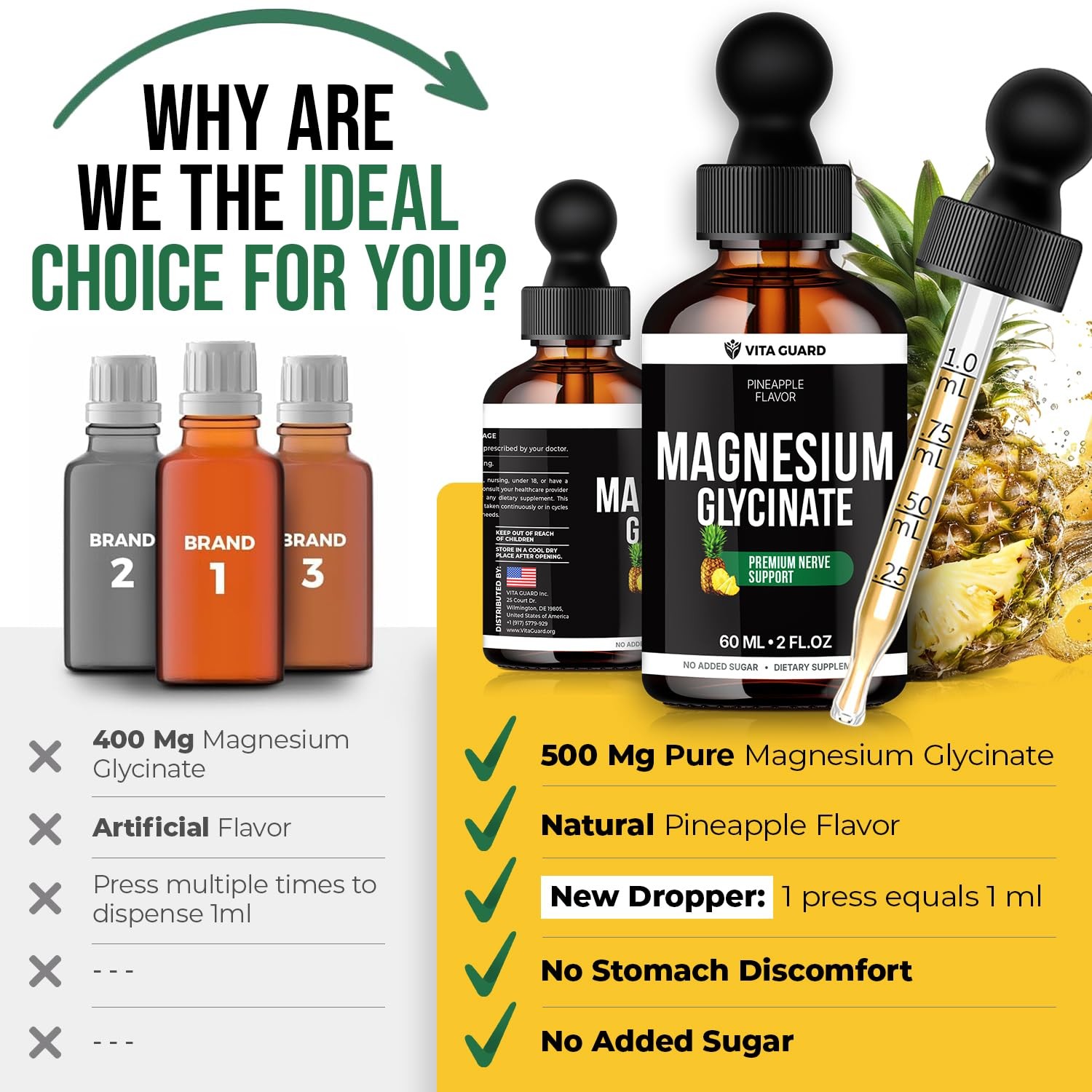 Magnesium Glycinate 500mg Liquid Drops – Sugar-Free 2 Fl Oz (Pack of 1)