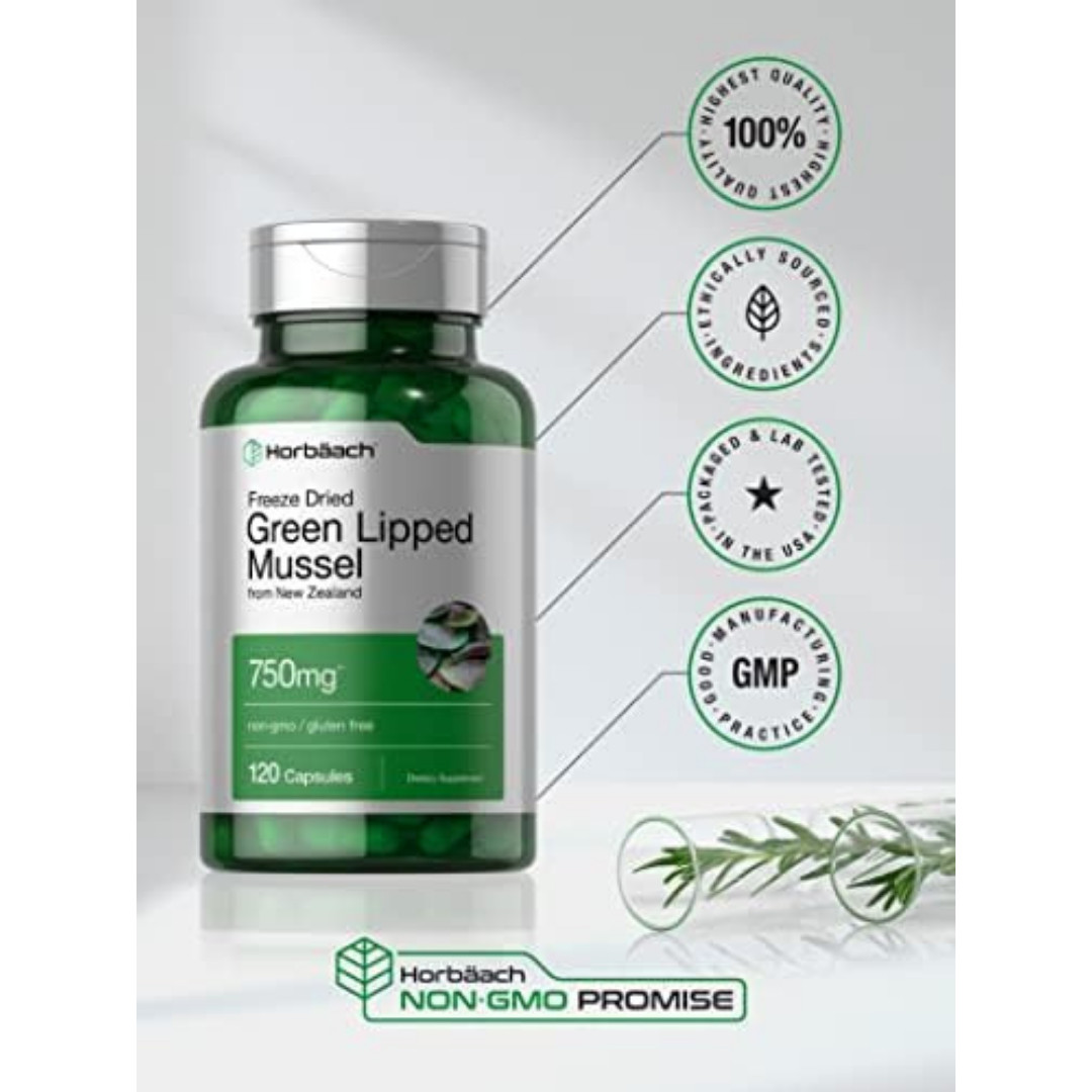 Green Lipped Mussel Capsules 750 mg | 120 Count | from New Zealand | by Horbaach