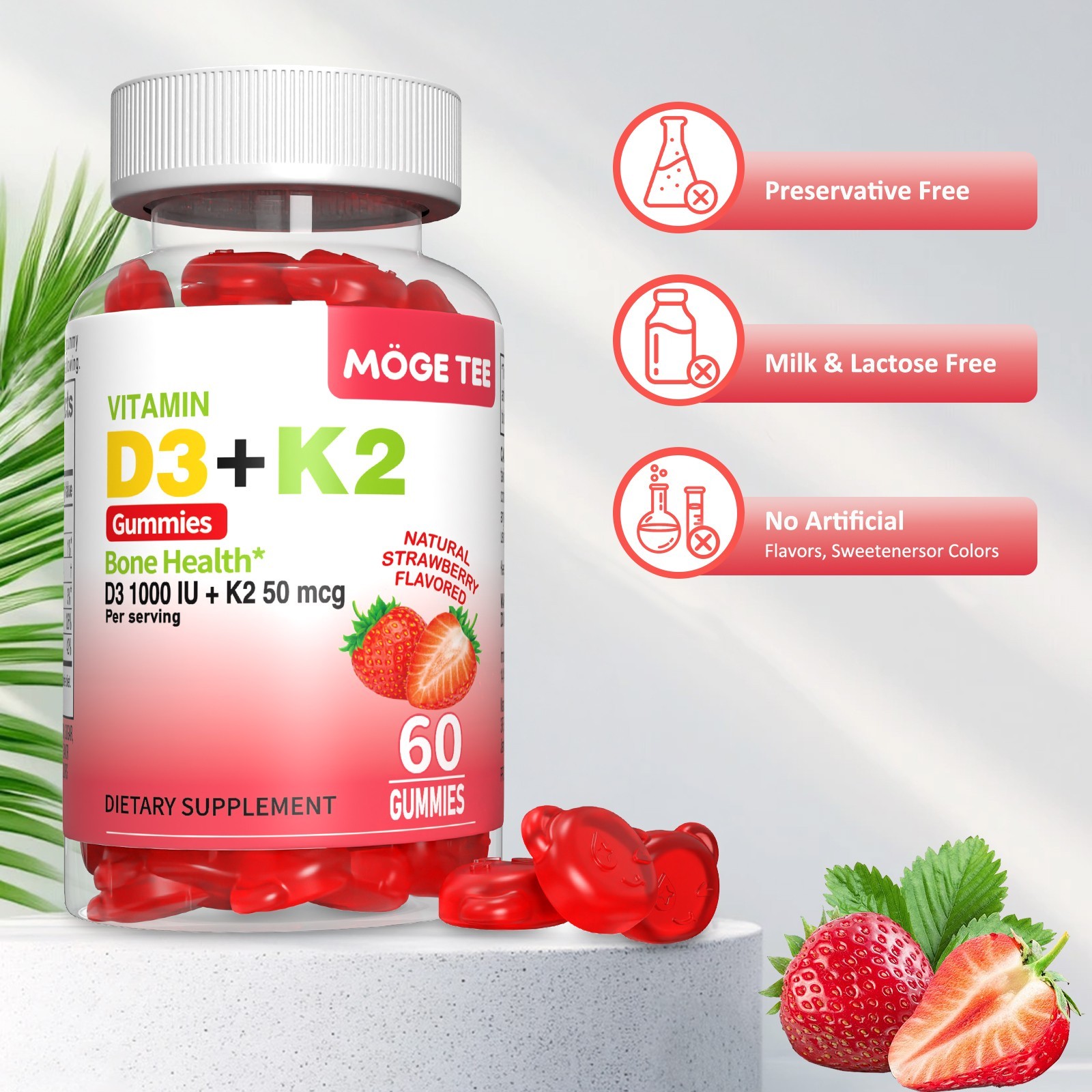 Vitamin K2 D3 Gummies Bone Immune Support Non-GMO 60-240 Count Strawberry Flavor