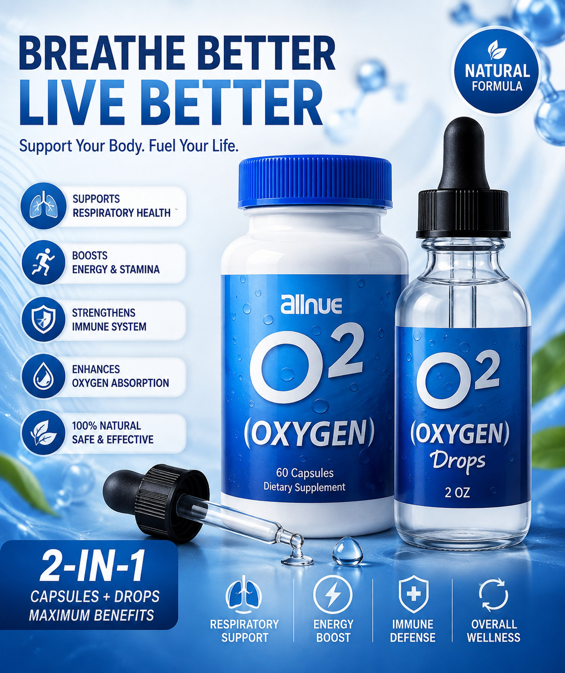 O2 Oxygen Capsules 60 Ct + Oxygen Drops 2 oz Bundle Wellness Supplement Kit