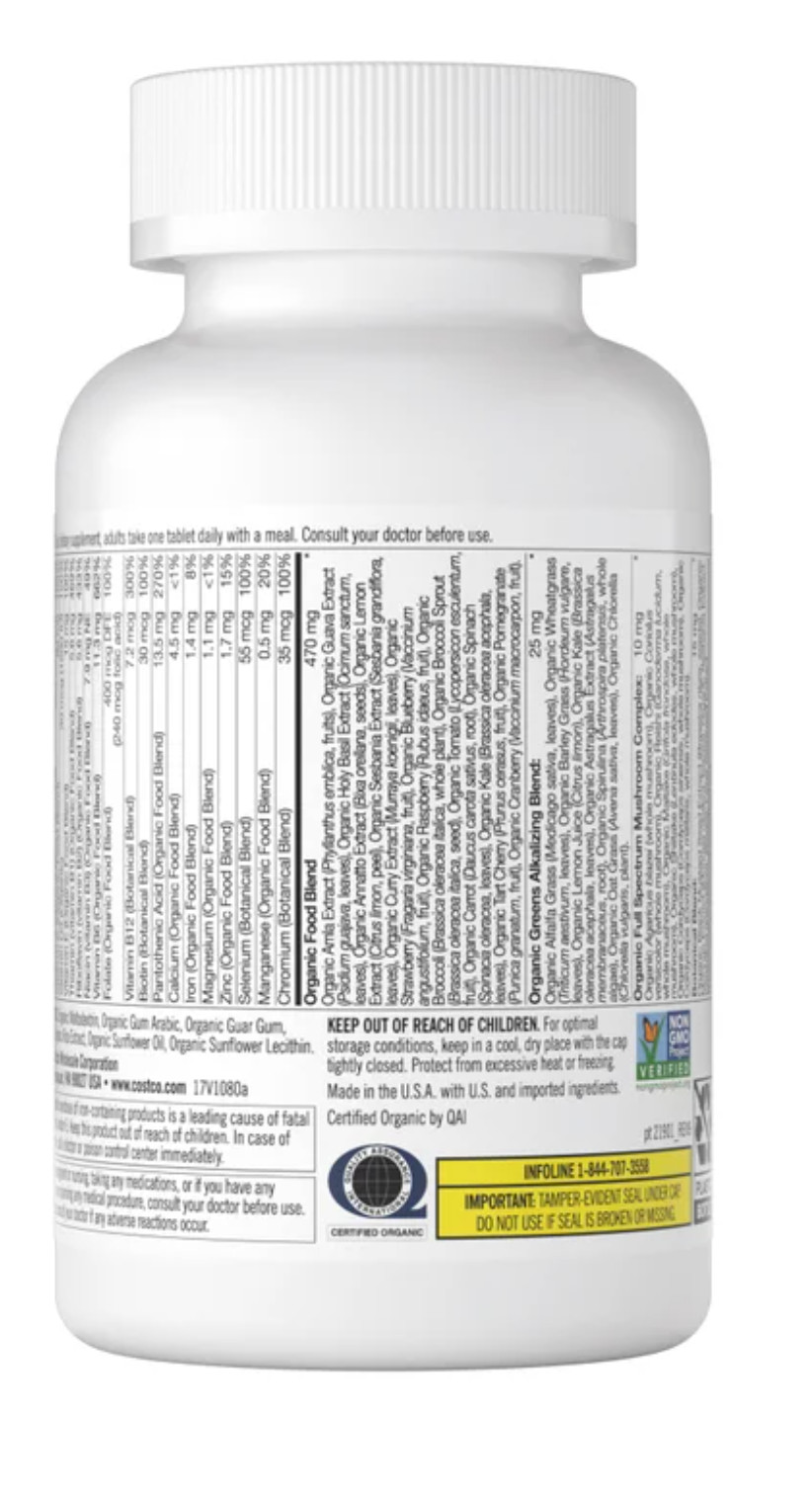 Kirkland Organic Multivitamin Whole Food Non GMO Vegan 80 Tablets