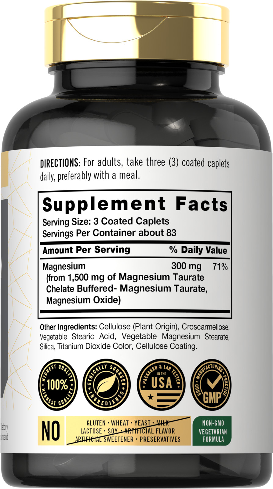 Magnesium Taurate | 1500mg | 250 Caplets | Vegetarian, Non-GMO | by Carlyle