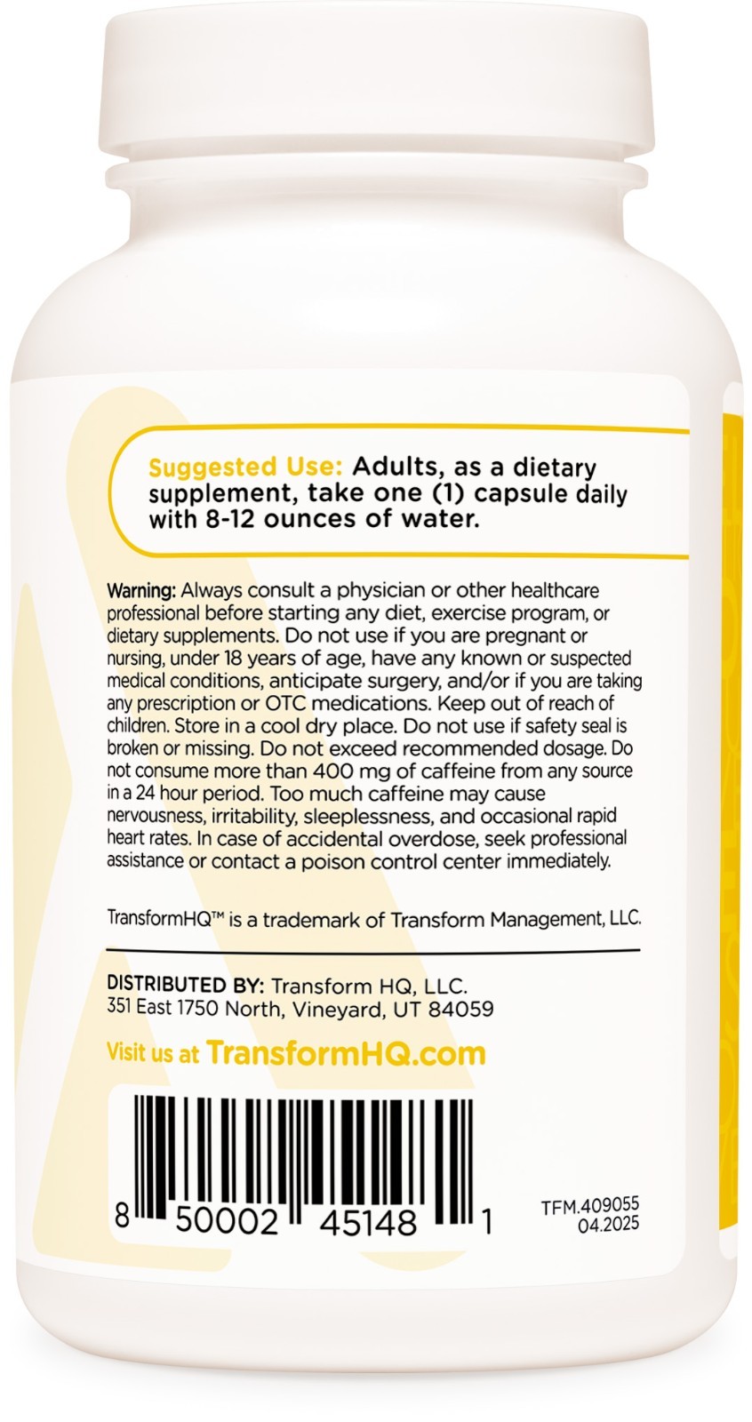 TransformHQ Caffeine & L-Theanine (100mg Each) 180 Caps – Gluten Free, Non-GMO