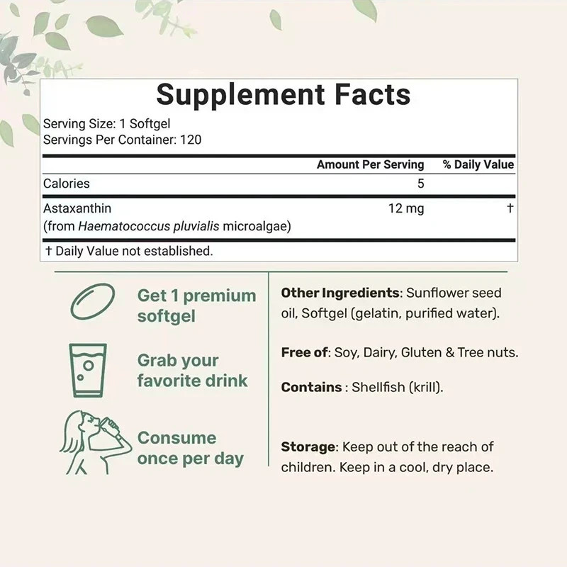 Fresh Micro Ingredients Astaxanthin 12mg, 120 softgels, tanning pills, Strength-