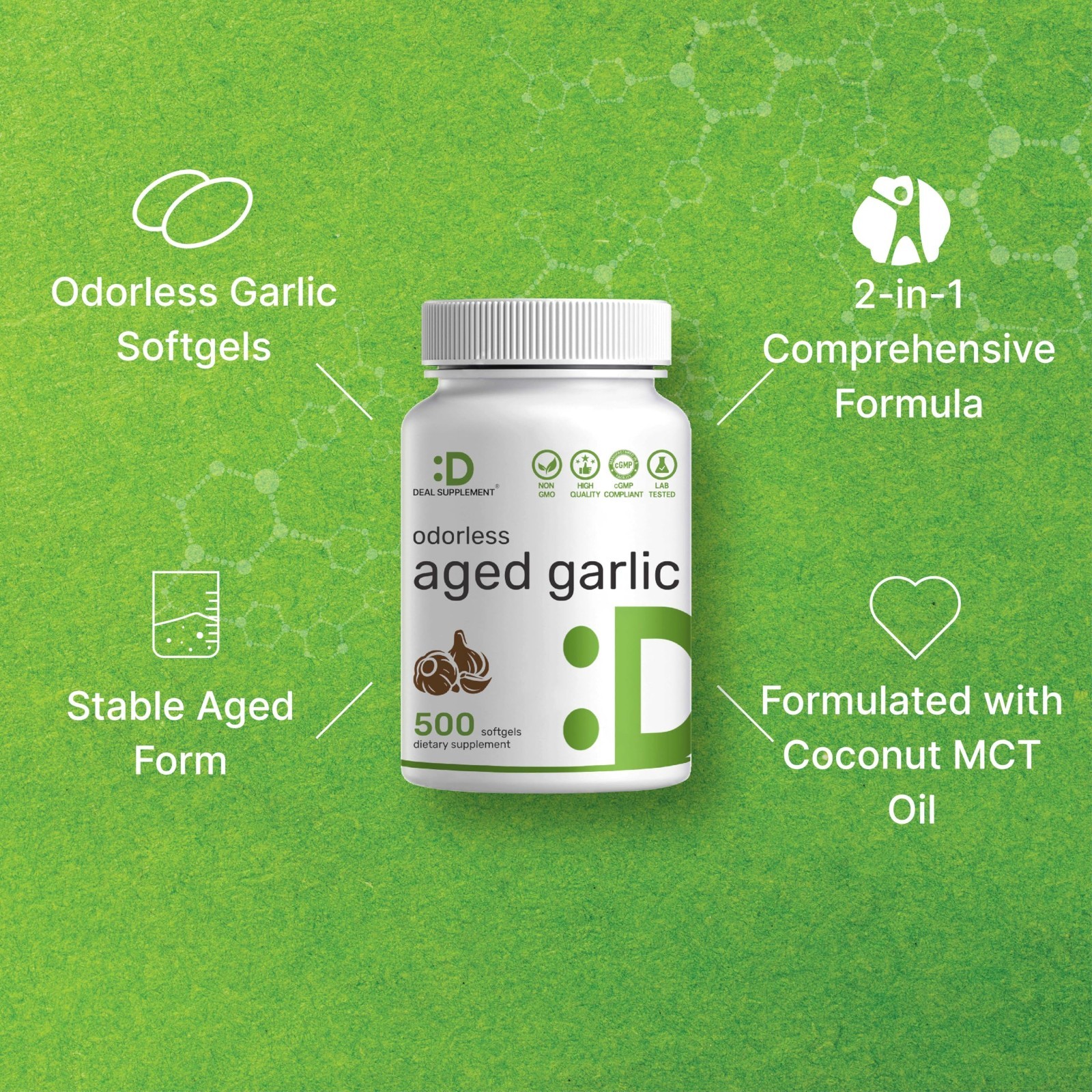 Odorless Aged Garlic Softgels 500 Count with MCT Oil – Non-GMO, 2-Year Extract