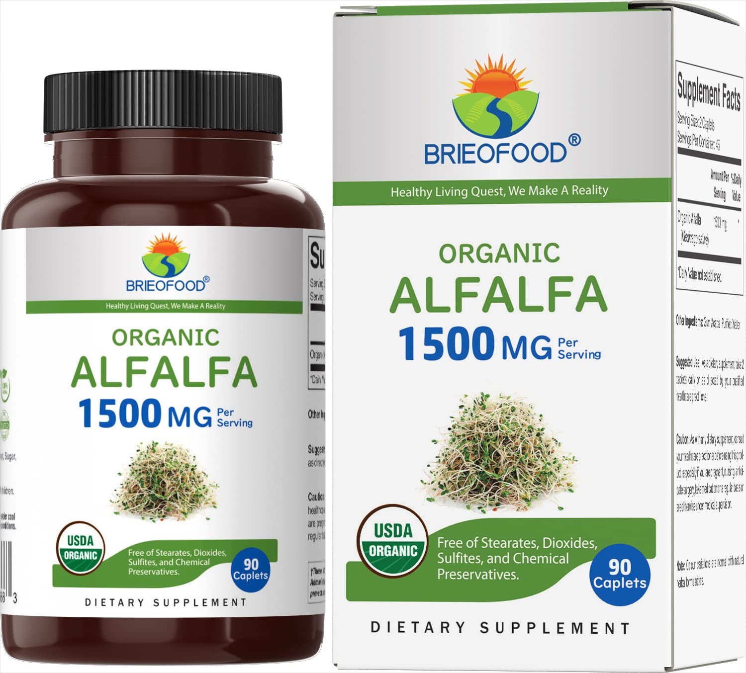 Brieofood Organic Alfalfa 1500mg, 45 Servings, Vegetarian, Gluten Free, 90 Veget