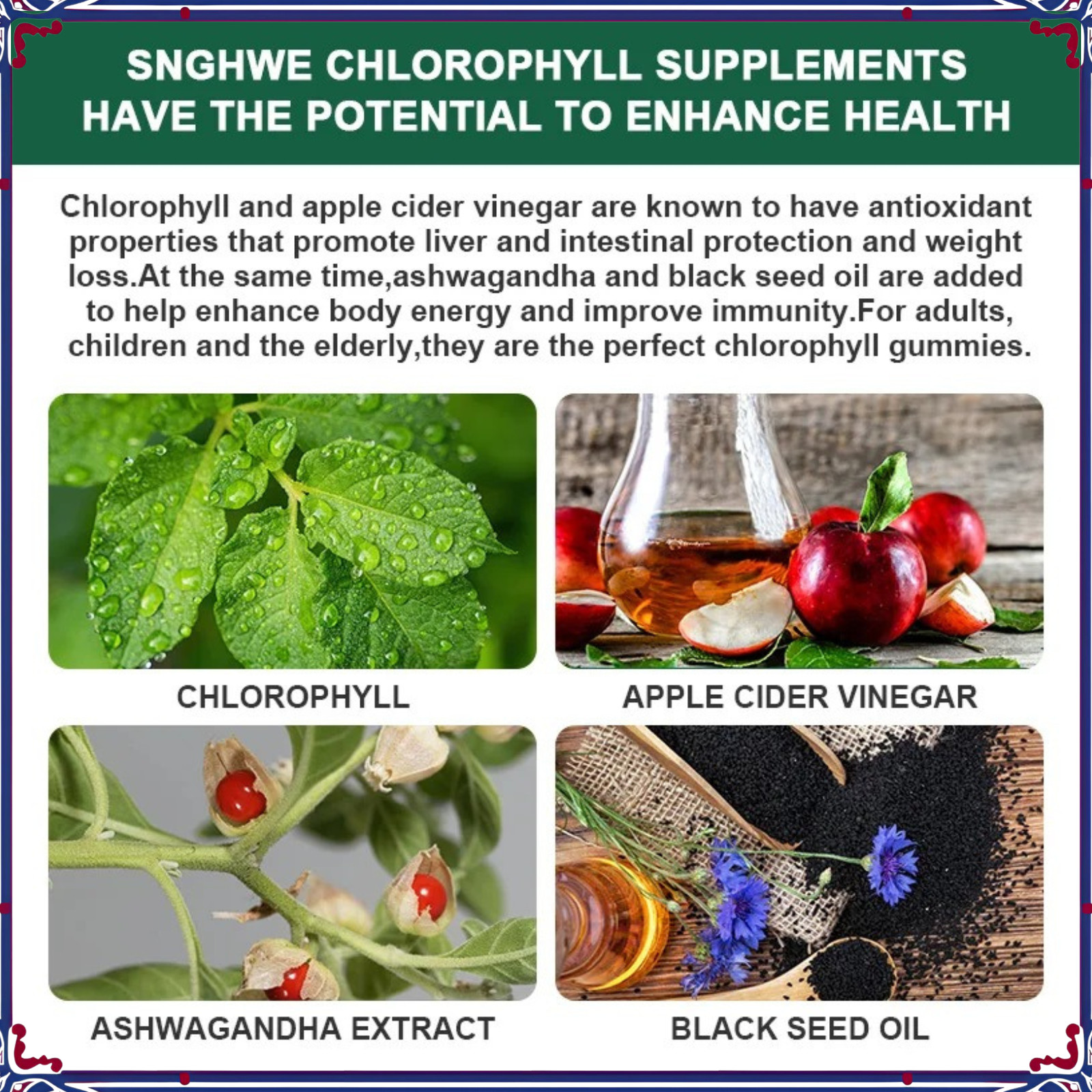 Chlorophyll Gummies with ACV Vitamin D3 C E B12 Natural Deodorant Energy Boost