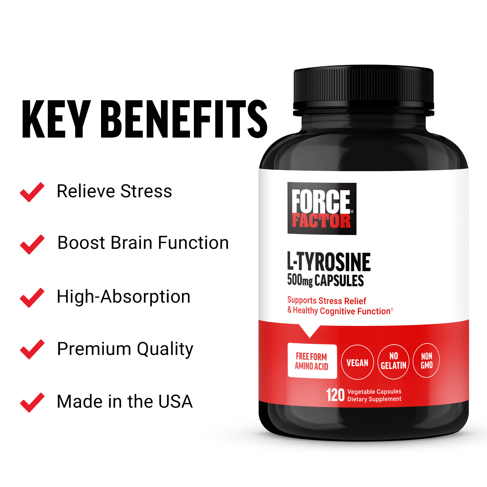 Force Factor L-Tyrosine 500mg, Stress Support Supplement, 120 Capsules