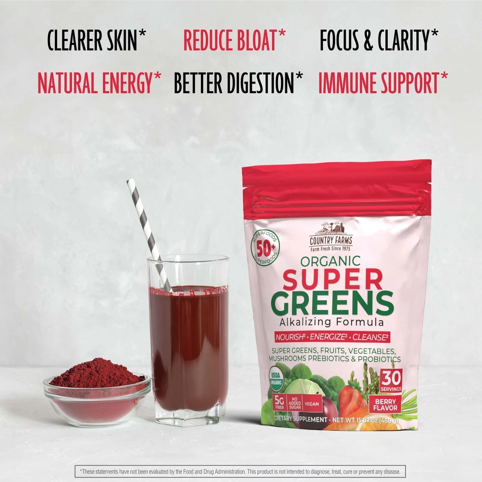 Country Farms Super Greens Berry Flavor, 50 Organic Super Foods, USDA Organic…